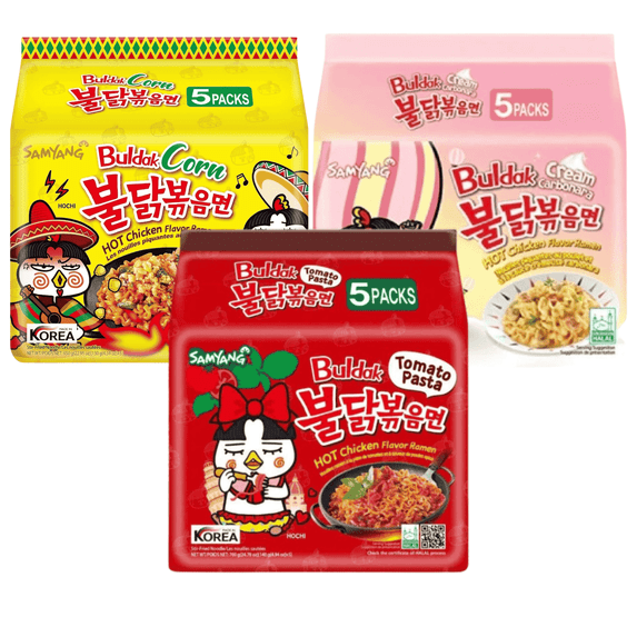 (15 Pack) Buldak Ramen Variety Pack – Tomato Pasta, Corn & Cream Carbonara Flavors – Hot Chicken Stir-Fried Ramen – Imported Korean Instant Noodles