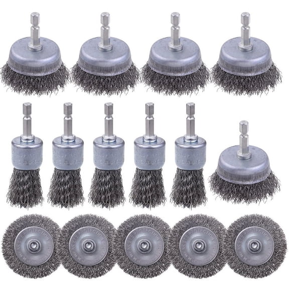 15 Pack Carbon Steel Wire Wheel Brush, Cup Brush, Pen Brush Set for Rust Removal, and Scrub Surfaces,5 * cup brush 5 * wheel brush 5 * pen brush,Gray