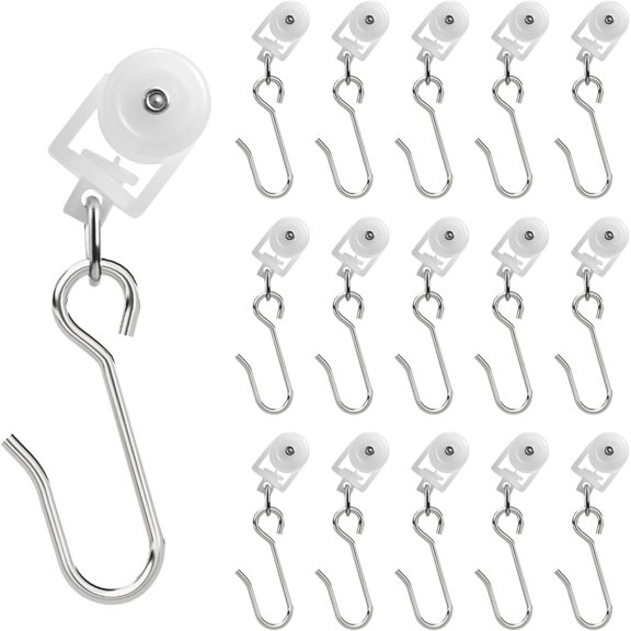 15 Pack - Ceiling Curtain Track Roller Hooks-Room Divider, Durable Stainless Steel Curtain Hooks with Wheel, White