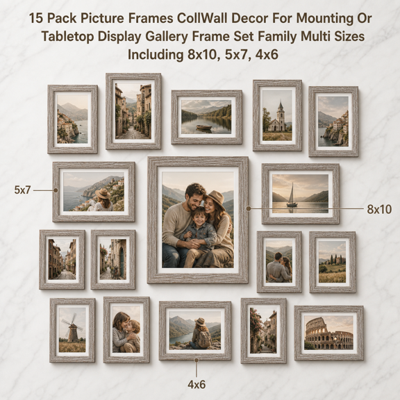 15 Pack Dark Grey Picture Frame Set Multi Size Gallery Wall Decor