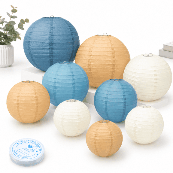 15 Pack Dusty Blue Paper Lanterns with String, 6/8/10 Inch Sizes