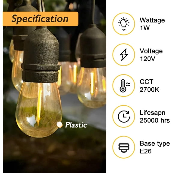 15 Pack Edison Bulb String Lights Outdoor, S14 Replacement Bulbs for Outdoor String Lights Waterproof 1W, E26 Base Led Light Bulb, 2700K Warm White Light Bulbs for Patio