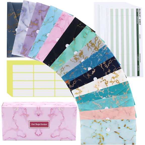 15 Pack Envelope for Budgeting, Budget Envelope for System, Envelope With Budget Sheet Sticker Box for Saving (Marble)