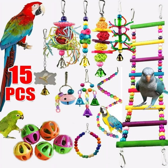 15 Pack Extra Large Bird Toys for Parakeet Toys for Bird Cage Accessories Parakeets Swing Chewing Toys, Dinosam Wooden Bird Toys for Cage Parrots Toys, Bird Training Toys, Parrot Hanging Swing
