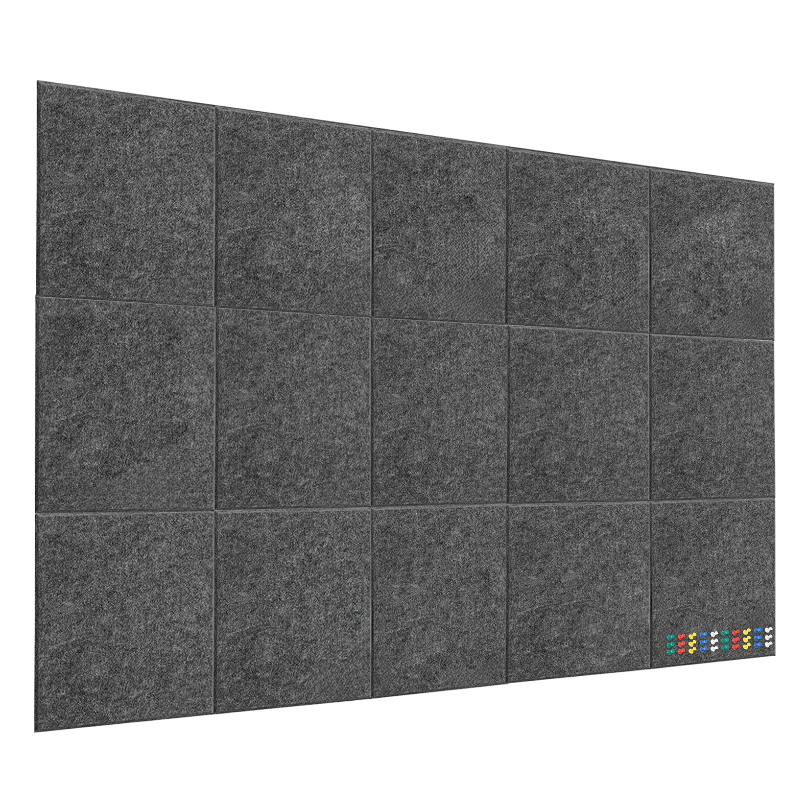 15 Pack Felt Bulletin Board Tiles, 11.8 x 11.8 inch Self-Adhesive Pin Board Panels with 30 Push Pins, Thick 0.35 inch Sound Absorbing Wall Tiles for Office, Home & Classroom, Dark Gray