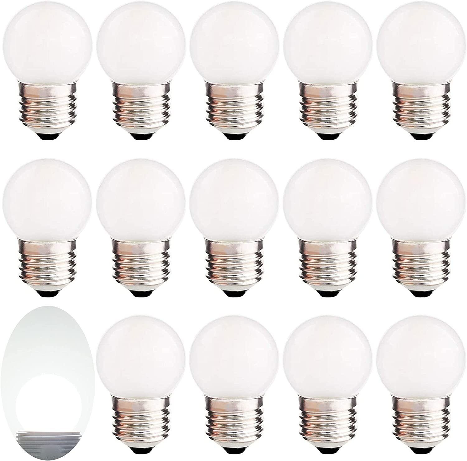 15 Pack Frosted LED Replacement Bulbs, Low Wattage Led Bulb,1.5W Equivalent 15 Watt, E26 Standard Base, 6000K White, Small Globe Light Bulb for Outdoor Patio String Lights Ceiling Fan