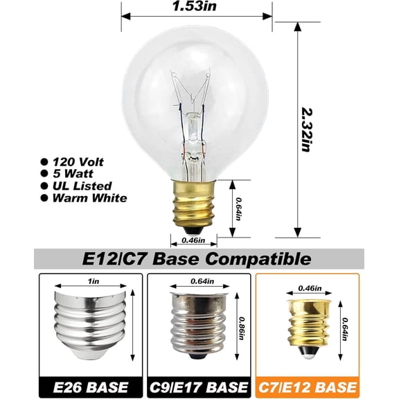 15-Pack G40 Replacement Light Bulbs, 5W Clear Incandescent E12 Base Bulbs for Quick String Light Repair, Small DIY Projects, & Wax Warmers, Dimmable Warm White Globe Lightbulbs