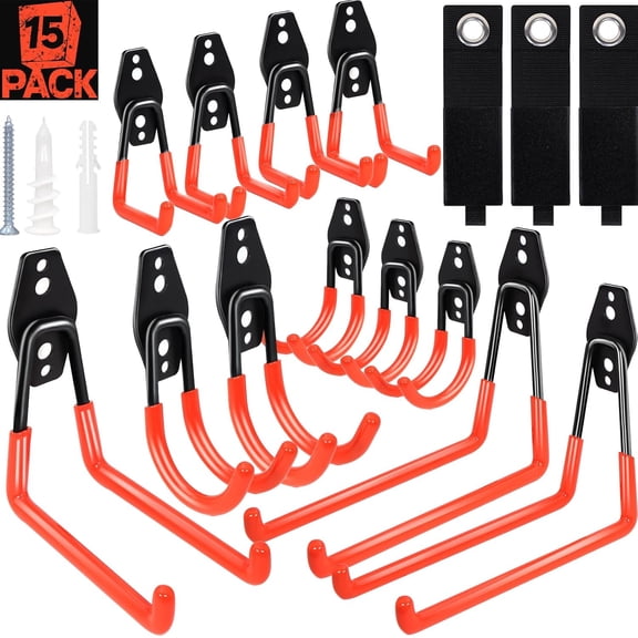 15 Pack Garage Hooks Heavy Duty,Garage Hangers Storage System Hooks for Shed Yard Tools Ladders Bikes Hose Hanging Wall Mount with Anti-Slip Coating