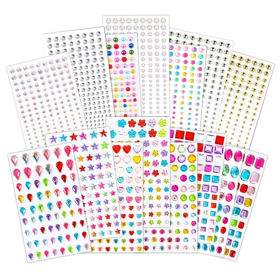 15 Pack Gem Stickers for Scrapbooking & Crafts, Assorted Rhinestone & Pearl Stickers, Self-Adhesive Jewel Bling, Metallic Beads & Crystal Gems, Kids DIY Craft Supplies