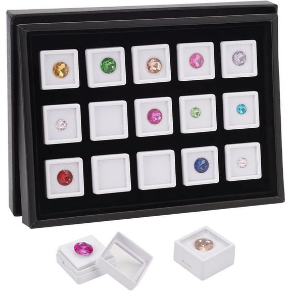 15 Pack Gemstone Display Box White Diamond Display Case Jewelry Box Container with Clear Window for Treat Gems Coins Diamond Gift Packing 1.1x0.65inch DIY White