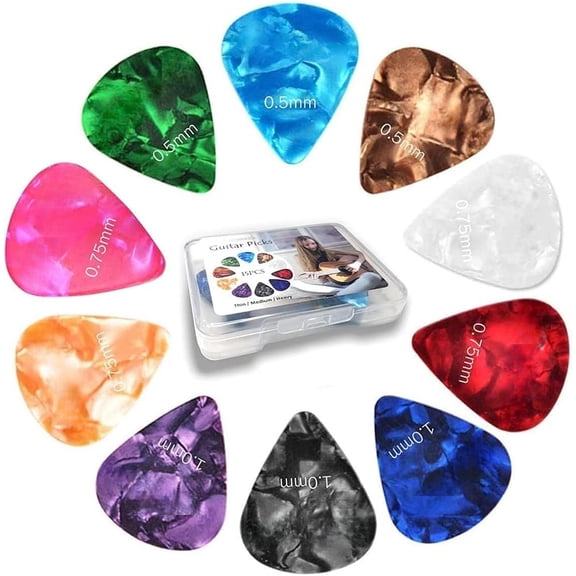 15 Pack Guitar Picks Plectrums with Organizer Storage Box, 0.5 0.75 1.0 mm Includes Thin Medium Heavy Thickness, Variety Colorful Celluloid Plectrums for Bass Electric Acoustic Guitars Ukulele