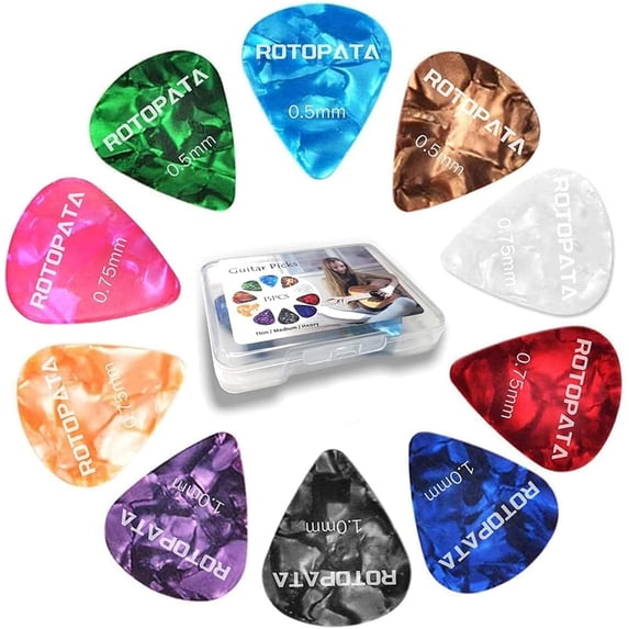 15 Pack Guitar Picks Plectrums with Organizer Storage Box, 0.5 0.75 1.0 mm Includes Thin Medium Heavy Thickness, Variety Colorful Celluloid Plectrums for Bass Electric Acoustic Guitars Ukulele