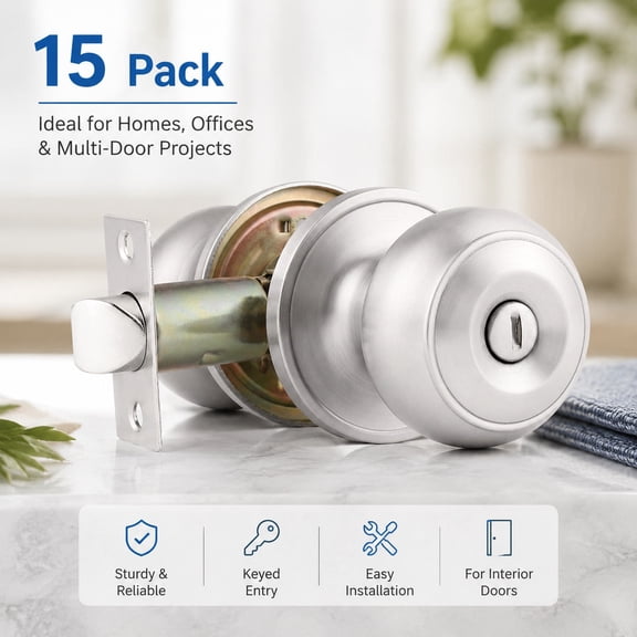 15 Pack Interior Privacy Door Knobs Keyless Round Doorknobs Satin Nickel Door Locks for Bedroom Bathroom Adjustable Latch Backset