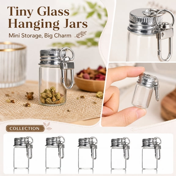 15 Pack Keychain Pill Holder, 2X1.5 Inch Keychain Vial with Small Carabiner Clip, Screw Top Mini Pill Jar with Metal Lid, Leakproof Waterproof Pill Container Keychain, Grade