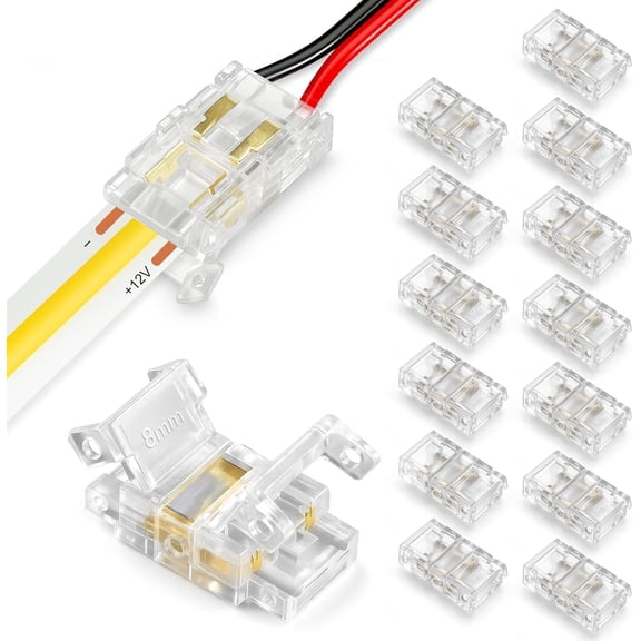 15 Pack LED Strip Connectors 2 Pin 10mm Solderless, Transparent Led Light Connectors Gapless, Strip to Wire LED Connectors for 12V 24V Single Color COB/SMD LED Light Strips