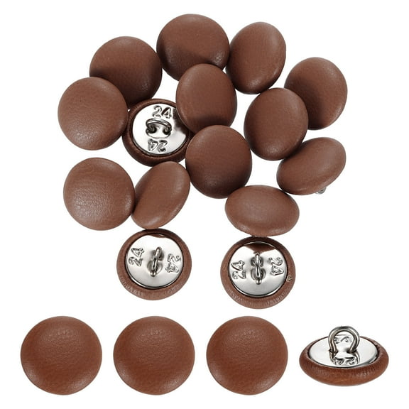 15 Pack Leather Covered Buttons, 15mm 24L Round Metal Shank Sewing Buttons Sew on for Clothes Coat Hats, Sofa Decoration, DIY Crafts Making, Brown