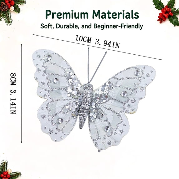 15-Pack Light Gray Butterfly Christmas Ornaments, Glitter PVC Hanging Decor with Rhinestones for Tree Wreath and Holiday Craft, 15PCS (Light Gray)