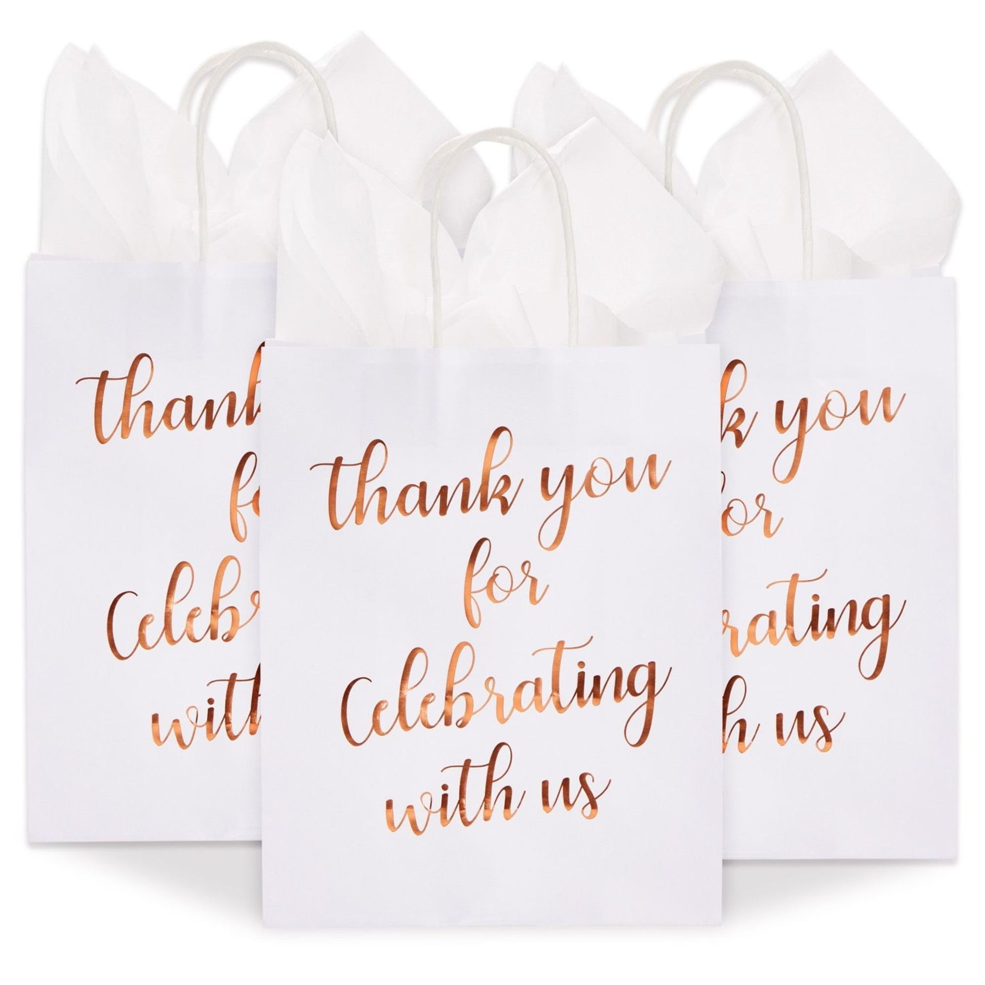SPARKLE AND BASH 15-Pack Medium Sized Gift Bags with Tissue Paper for Wedding, Rose Gold Foil Thank You for Celebrating With Us Bags with Handles, Kraft Paper (10 x 8 x 4 Inches)