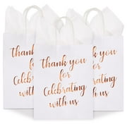 15-Pack Medium Sized Gift Bags with Tissue Paper for Wedding, Rose Gold Foil Thank You for Celebrating With Us Bags with Handles, Kraft Paper (10 x 8 x 4 Inches)