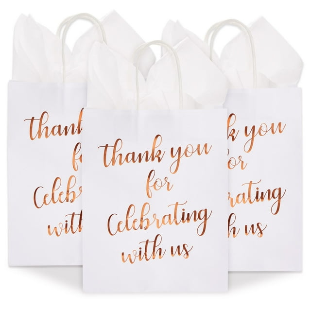15Pack Medium Sized Gift Bags with Tissue Paper for Wedding, Rose Gold Foil Thank You for