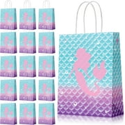 15 Pack Mermaid Birthday Party Favor Bags - 8.7x6.3x3.1 inch Kraft Paper Gift Bags with Handles for Kids Mermaid Themed Baby Shower Party Supplies