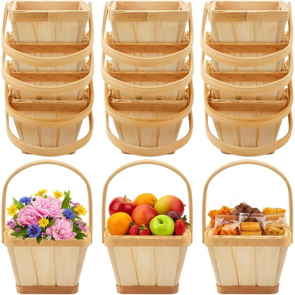 15 Pack Mini Square Wooden Bushel Apple Baskets with Handle, 5.1 x 3.9 x 3.1 Inch Berry Picking Baskets Small Fruit Strawberries Buckets for Autumn Harvest Farmers Market Decoration