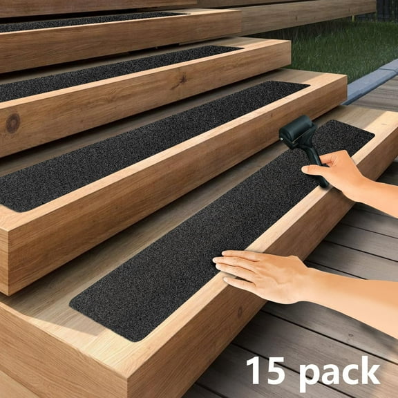 15 Pack Non-Slip Outdoor Stair Treads - 6‘ X 24’ Grip Tape Adhesive Strips - For Steps, Stairs and Heavy Duty Grip Tape - Black