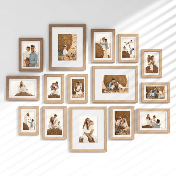 15 Pack Picture Frames Collage Wall Decor, Gallery Frame Set for Wall Mounting or Tabletop Display, Multi Sizes Including 3pcs 8x10, 6pcs 5x7, 6pcs 4x6, Oak