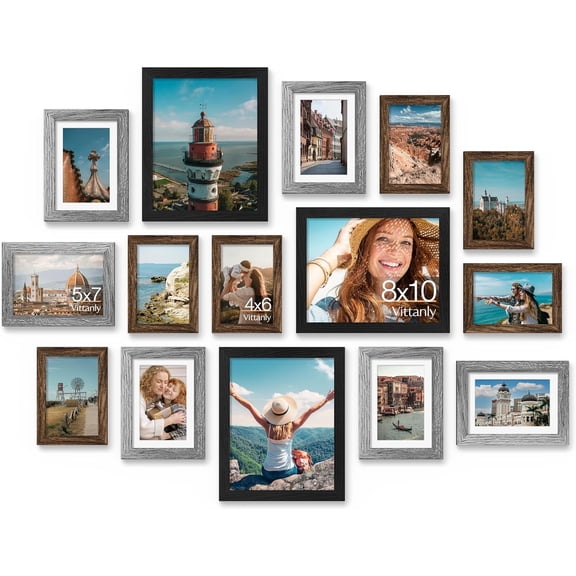 15 Pack Picture Frames Collage Wall Decor for Mounting or Tabletop Display, Gallery Frame Set for Family, Multi Sizes Including 3pcs 8x10, 6pcs 5x7, 6pcs 4x6, Black, Brown and Grey