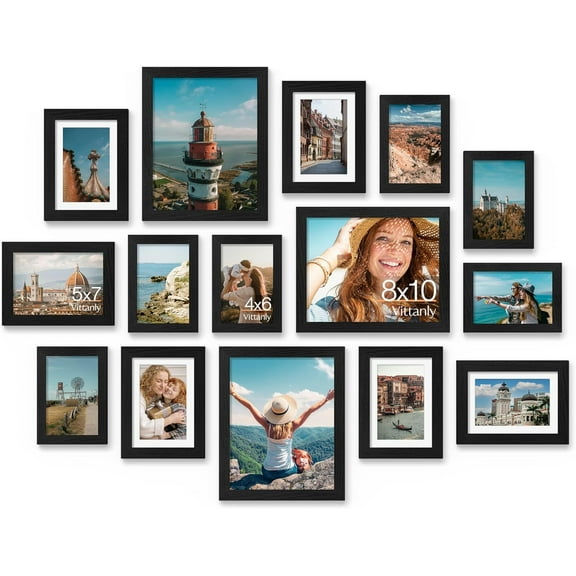 15 Pack Picture Frames Collage Wall Decor for Mounting or Tabletop Display, Gallery Frame Set for Family, Multi Sizes Including 3pcs 8x10, 6pcs 5x7, 6pcs 4x6, Black