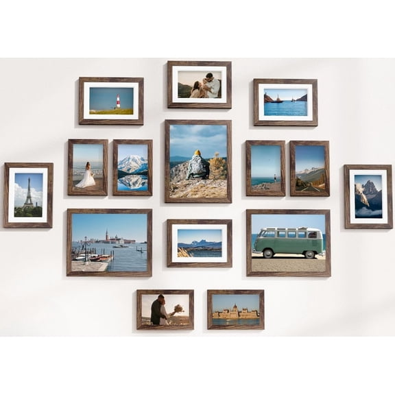 15 Pack Picture Frames Collage Wall Decor for Mounting or Tabletop Display, Gallery Frame Set for Family, Multi Sizes Including 3pcs 8x10, 6pcs 5x7, 6pcs 4x6, Brown