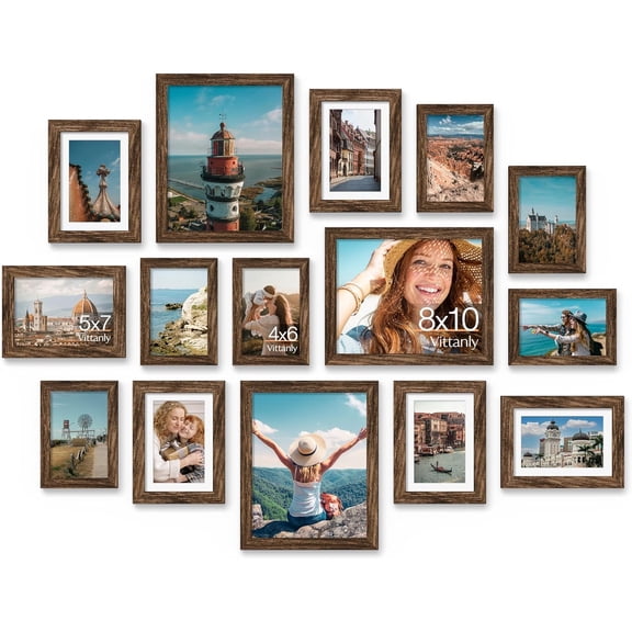 15 Pack Picture Frames Collage Wall Decor for Mounting or Tabletop Display Gallery Frame Set for Family Multi Sizes Including 3pcs 8x10 6pcs 5x7 6pcs 4x6 Brown
