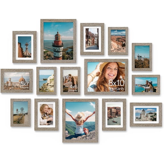 15 Pack Picture Frames Collage Wall Decor for Mounting or Tabletop Display, Gallery Frame Set for Family, Multi Sizes Including 3pcs 8x10, 6pcs 5x7, 6pcs 4x6, Grayish Brown