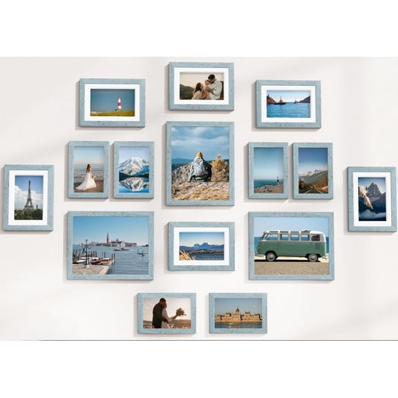 15 Pack Picture Frames Collage Wall Decor for Mounting or Tabletop Display, Gallery Frame Set for Family, Multi Sizes Including 3pcs 8x10, 6pcs 5x7, 6pcs 4x6, Rustic Blue