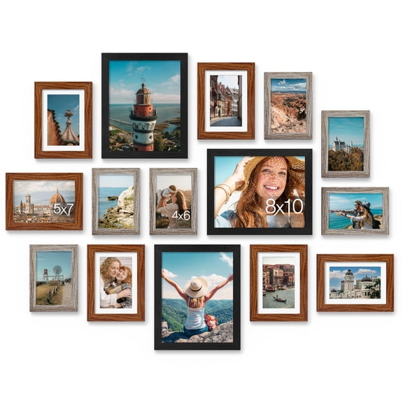 15 Pack Picture Frames Collage Wall Decor For Mounting Or Tabletop Display Gallery Frame Set Including 3pcs 8x10 6pcs 5x7 4x6 Black Walnut Brown And Dark Grey