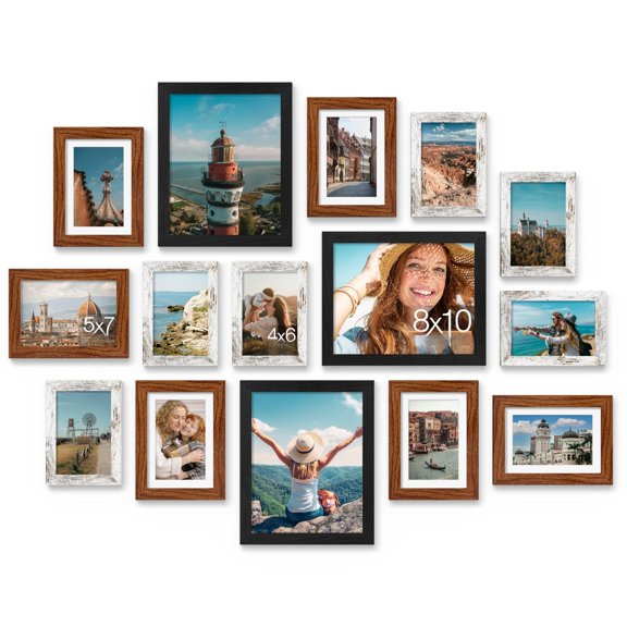 15 Pack Picture Frames Collage Wall Decor For Mounting Or Tabletop Display Gallery Frame Set Including 3pcs 8x10 6pcs 5x7 4x6 Black Walnut Brown And Distressed White