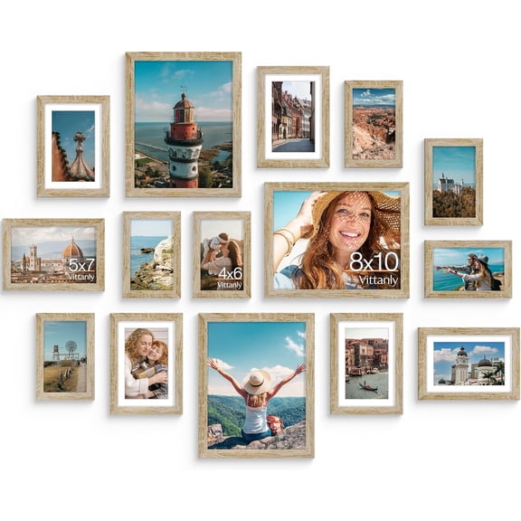 15 Pack Picture Frames Collage Wall Decor, Multi Sizes Including 3pcs 8x10, 6pcs 5x7 and 6pcs 4x6 Photo Frames, Gallery Frame Set for Wall or Tabletop Display, Light Wood