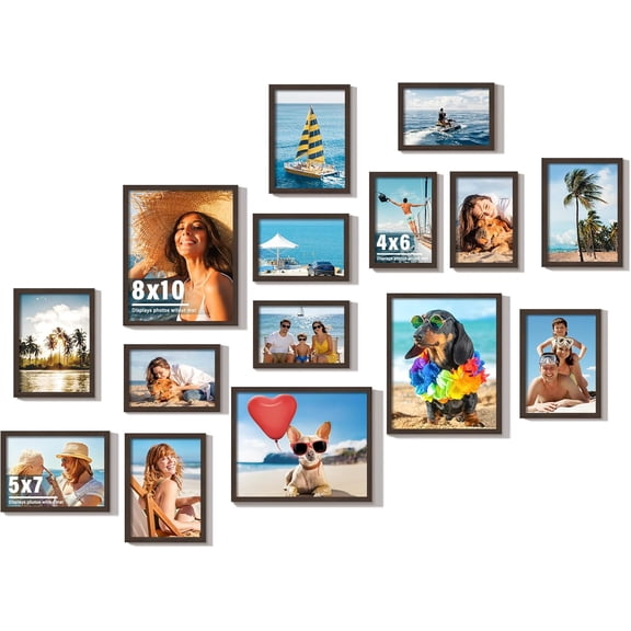 15 Pack Picture Frames Collage Wall Decor, Walnut Frame Set with 3pcs 8x10, 6pcs 5x7, 6pcs 4x6 for Gallery Display, Wall Mounting & Tabletop, Bulk Photo Frames for Living Room Decor