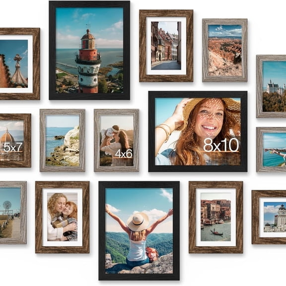 15 Pack Picture Frames Collage Wall Dr, Multi Sizes Including 3pcs 8x10, 6pcs 5x7 and 6pcs 4x6 Photo Frames, Gallery Frame Set for Wall or Tabletop Display, Black, Brown and Dark Grey