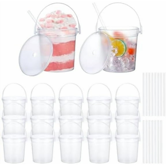 15 Pack Plastic Rum Buckets for Drinks, 32 OZ Cocktail Buckets Reusable Smoothie Bucket with Lid and Straw, 1Liter Large Ice Cream Pails for Halloween Football Parties Bar Beer