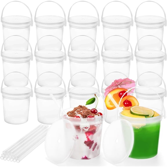 15 Pack Plastic Rum Buckets for Drinks, 32OZ Cocktail Buckets Reusable Smoothie Bucket with Lid and Straw, 1Liter Large Ice Cream Pails for Halloween Football Parties Bar Beer