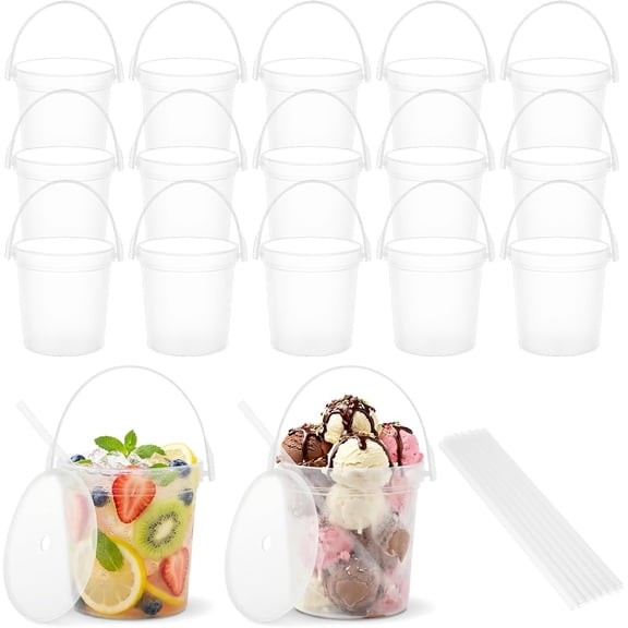 15 Pack Plastic Rum Buckets for Drinks, Plastic Drink Buckets, 32oz Reusable Cocktail Bucket with Lid & Straw, 1 Liter Clear Ice Cream Pails for Halloween, Football Parties & Bars