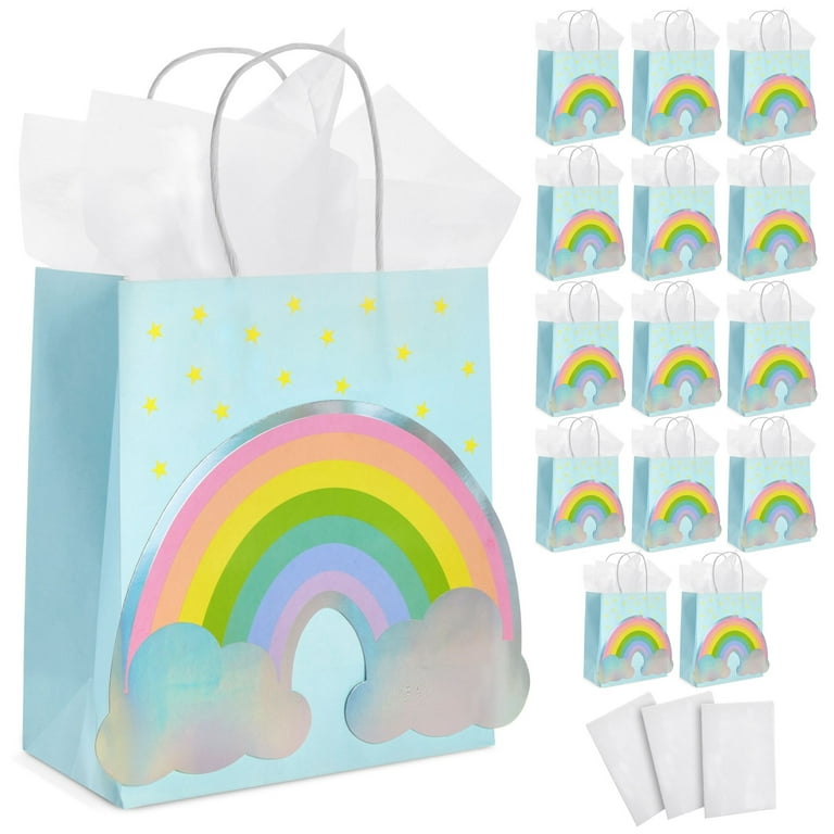 15-Pack Rainbow Gift Bags with Handles and 20 White Tissue Paper
