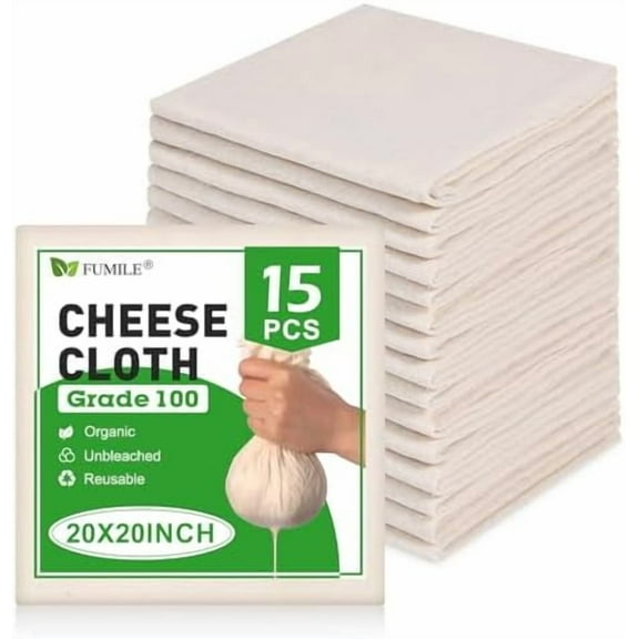 15-Pack Reusable Cheese Cloths (20x20 Inch): Unbleached Organic Cotton with Hemmed Edge Ideal for Straining Liquid, Cheese Making, Juicing, Baking & Cooking Turkey