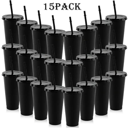15 Pack Reusable Plastic Cups With Straws And Lids, 24oz Durable Cups Coffee Cups Large Leak-Proof Bottles Travel Cups Party Bulk