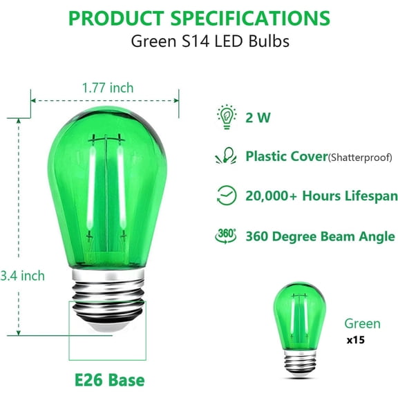 15 Pack S14 LED String Light Bulbs, Shatterproof 2 Watt Green Replacement Bulbs for Outdoor String Light, Waterproof Decorative E26 Base Green Filament Edison Christmas Light Bulbs