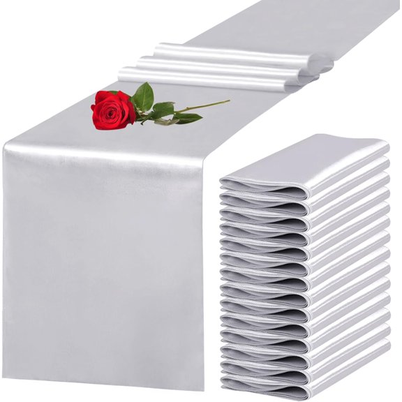 15 Pack Satin Table Runner 12 x 108 Inch Long Silver Silk Table Runner for Wedding Party Banquet Birthday Decoration