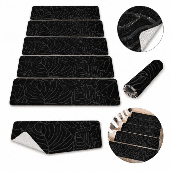 15 Pack Self-Adhesive Stair Treads No Glue Needed, Embossed Non-Slip Stair Carpet for Wood and Tile Stepsblack