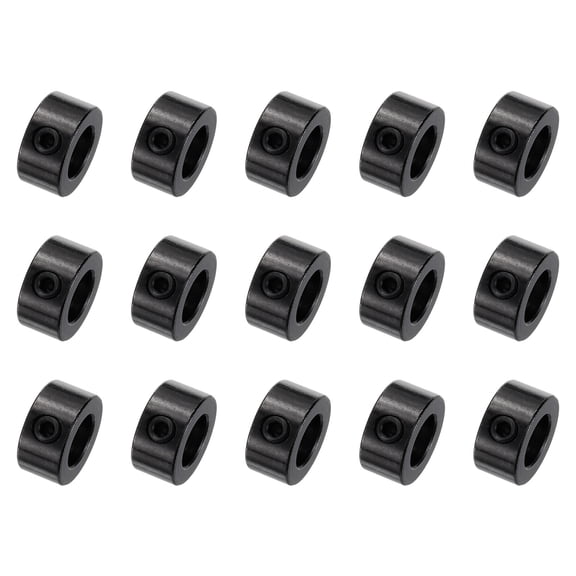 15 Pack Set Screw Collars 8mm Bore Shaft Collars, 14mm OD, 7mm Width, Drill Stop Collar, Carbon Steel, Black Oxide