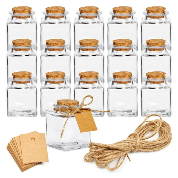 BLUE PANDA 15 Pack Small Glass Bottles with Cork Stoppers - Mini Jars with Cork Lids, Twine, and Blank Tags for Crafting & Spices - Small Bottles 1.7 Oz (50ml)